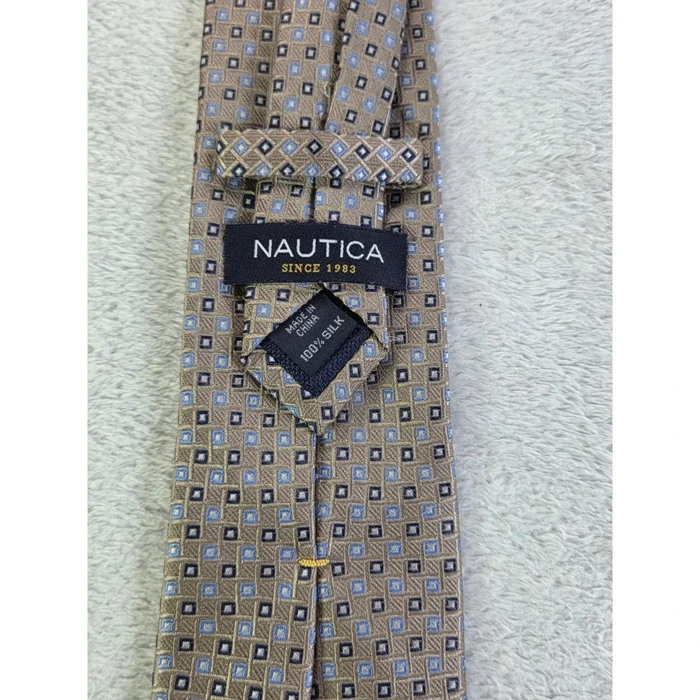 Nautica Silk Tie Tan Blue Geometric Square Pattern Classic Business Mens Necktie